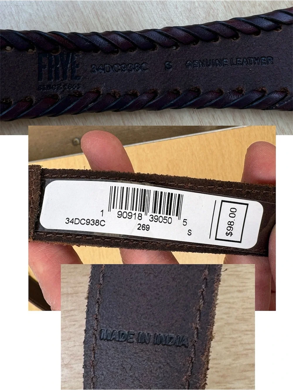 Frye Wm’s Whipstitch Edge Brown Leather Belt NWOT Sz S